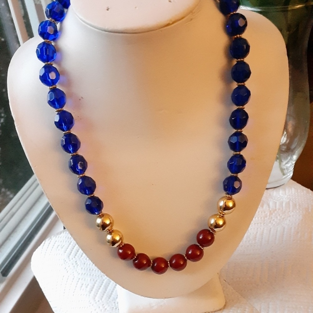 One of a kind Handmade Necklace blue Maroon and gold plated beads